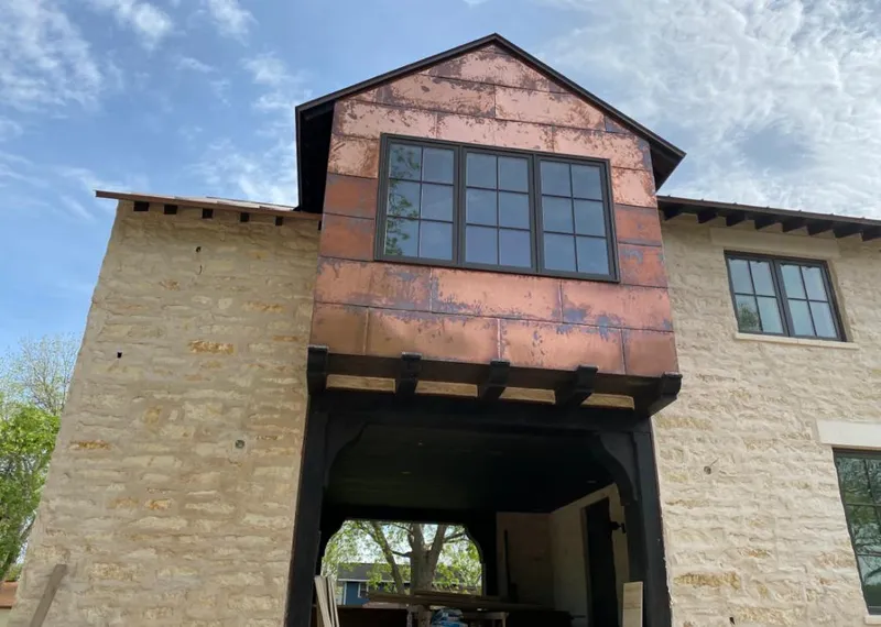 Copper metal panel facade on a stone building for Metal Roof Coating in Rowland Heights